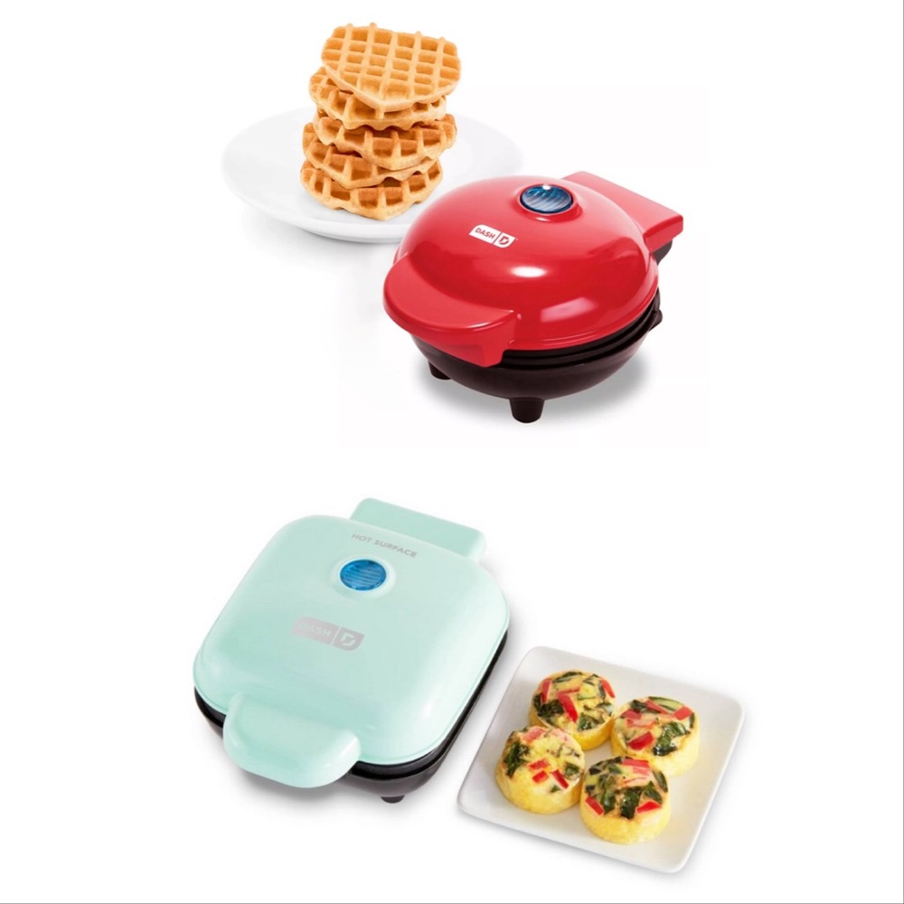 Both Dash Mini Waffle Maker in Mint and Dash Mini Heart Waffle Maker in Red New